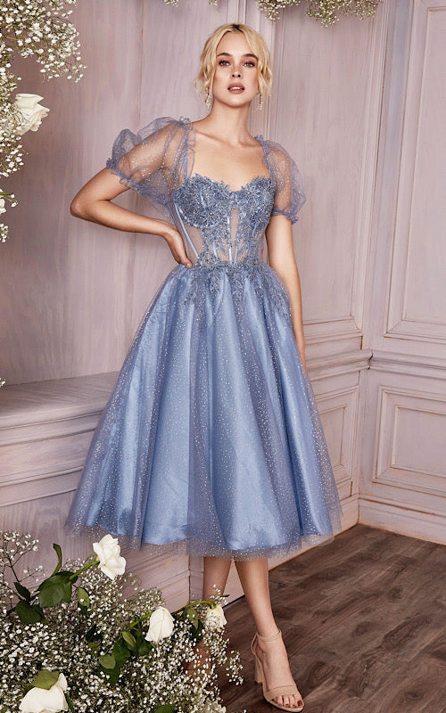 DIVINE TEA LENGTH LAYERED TULLE DRESS CD0187 SMOKY BLUE Luximit DIVINE TEA LENGTH LAYERED TULLE DRESS CD0187 SMOKY BLUE Luximit