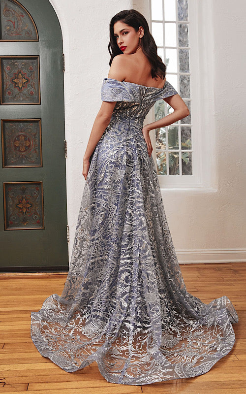 DIVINE OFF THE SHOULDER LACE GOWN WITH OVER SKIRT ROYAL