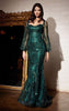 DIVINE LONG SLEEVE OFF THE SHOULDER GOWN EMERALD