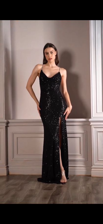 DIVINE SEQUIN COWL FITTED GOWN CF199 BLACK