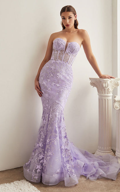 DIVINE STRAPLESS BUTTERFLY PRINT MERMAID GOWN CB099 LAVENDER