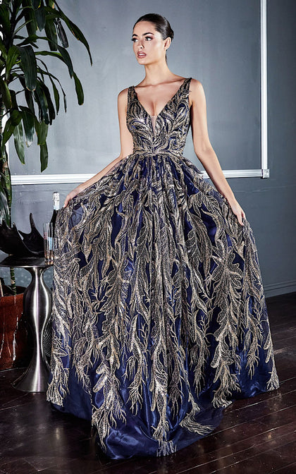 DIVINE FLORAL GLITTER PRINT BALL GOWN J812 NAVY