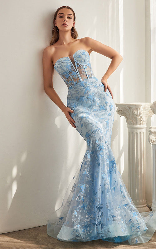 DIVINE STRAPLESS BUTTERFLY PRINT MERMAID GOWN CB099 BLUE