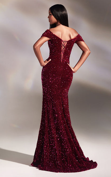 DIVINE VELVET SEQUIN OFF THE SOULDER GOWN CA109 PLUM