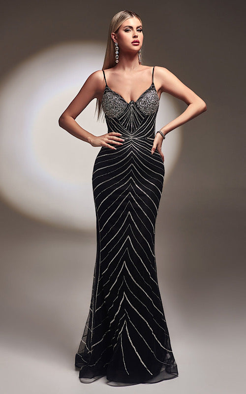 DIVINE FITTED GLITTER PRINT GOWN CR866
